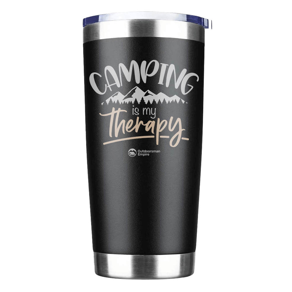 Camping Is My Therapy 20oz insulated tumbler with a sleek stainless steel design and vibrant UV-printed graphics.